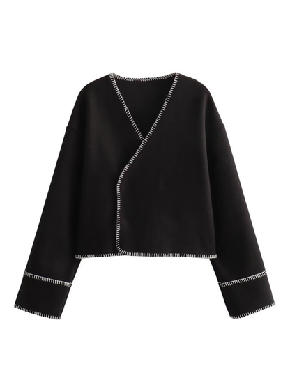 Jackets- Women Cream Jacket with Bold Black Trim- - Pekosa Women Fashion