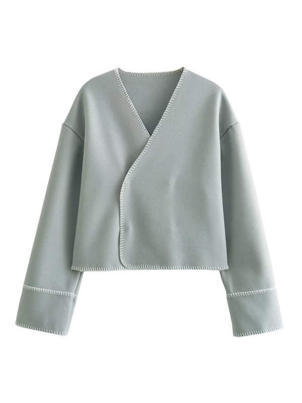 Jackets- Women Cream Jacket with Bold Black Trim- Clear blue- Pekosa Women Fashion