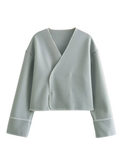 Jackets- Women Cream Jacket with Bold Black Trim- Clear blue- Pekosa Women Fashion