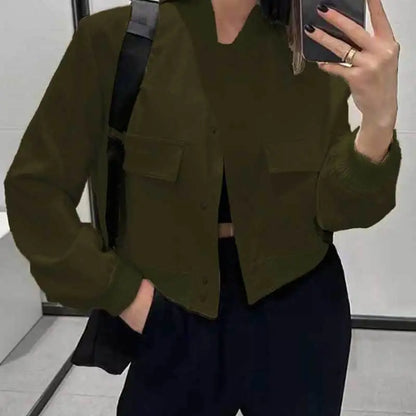 Jackets- Women's Cropped Jacket from Casual to Classy- Army Green- Pekosa Women Fashion