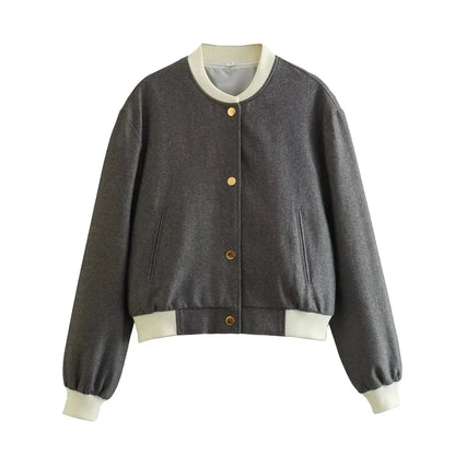 Jackets- Women Cropped Jacket with Gold-Tone Accents- Dark Grey- Pekosa Women Fashion