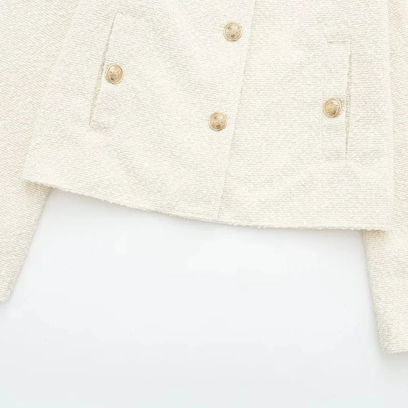 Jackets- Women Elegant Ivory Jacket with Gold-Tone Accents- - Pekosa Women Fashion