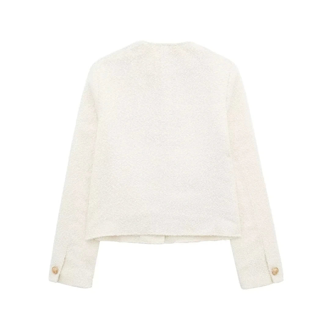 Jackets- Women Elegant Ivory Jacket with Gold-Tone Accents- - Pekosa Women Fashion