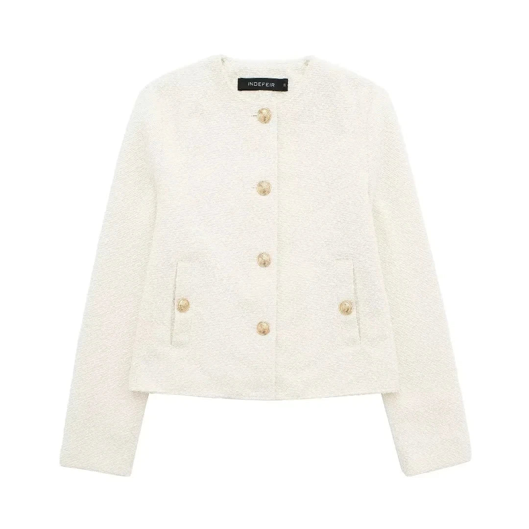 Jackets- Women Elegant Ivory Jacket with Gold-Tone Accents- Ivory- Pekosa Women Fashion