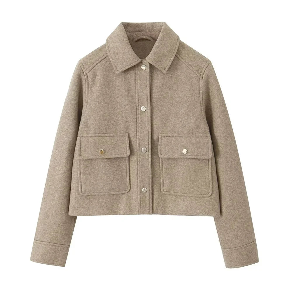 Jackets- Women Textured Flap Jacket for Any Outfit- Khaki- Pekosa Women Fashion