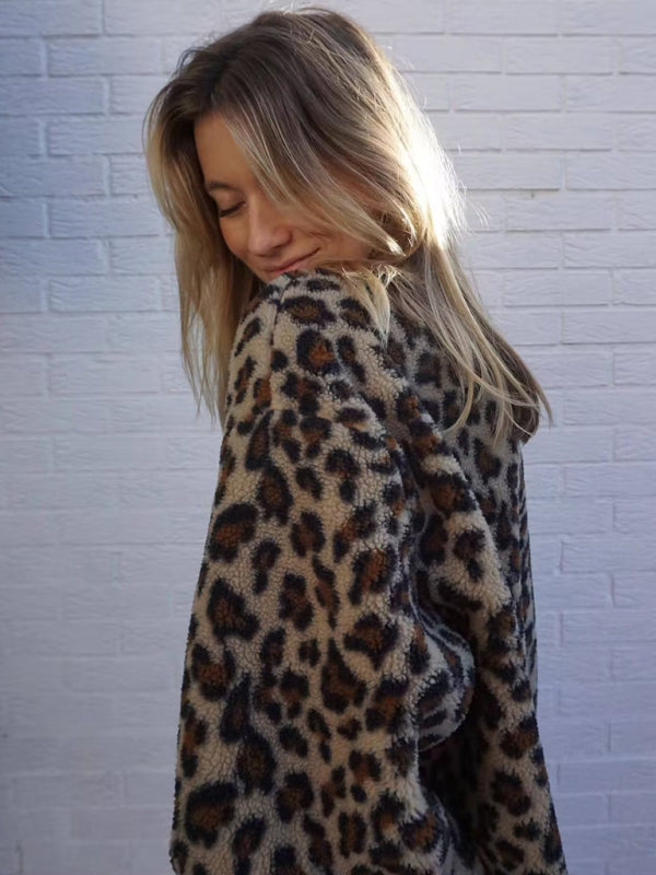 Women's Oversized Plush Leopard Jacket Cardigan