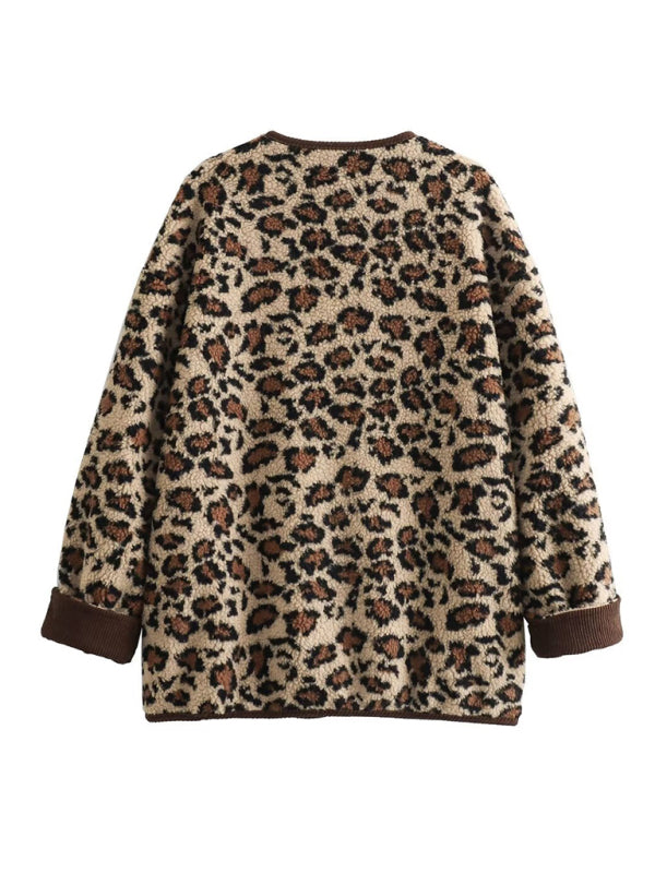 Damen-Cardigan mit übergroßer Plüsch-Leopardenjacke