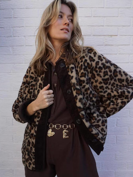 Women's Oversized Plush Leopard Jacket Cardigan