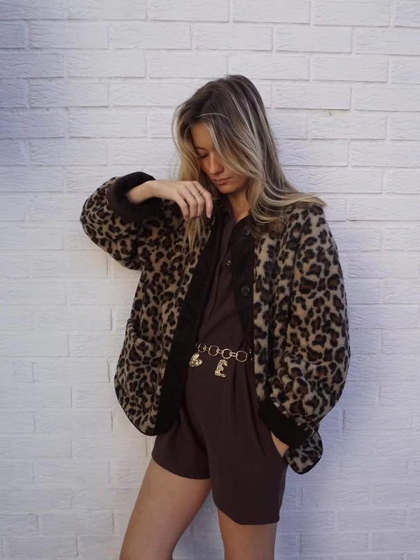 Damen-Cardigan mit übergroßer Plüsch-Leopardenjacke