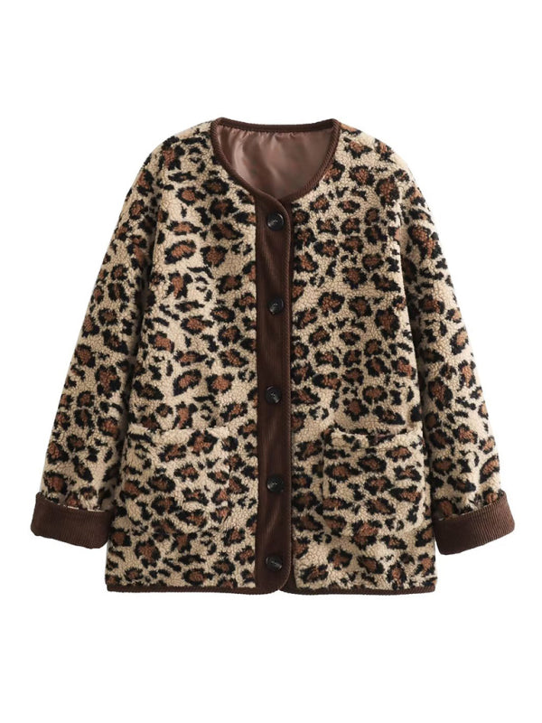 Damen-Cardigan mit übergroßer Plüsch-Leopardenjacke