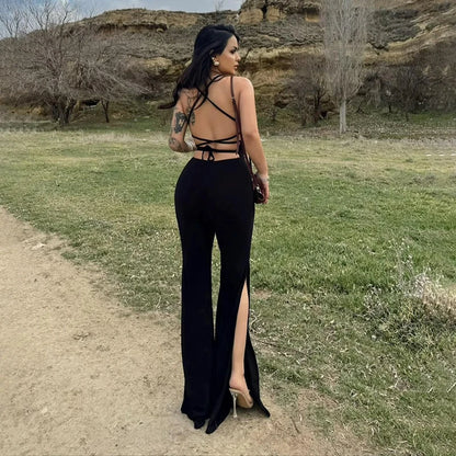 Jumpsuits - Backless Cocktail Jumpsuit with Thigh Slits