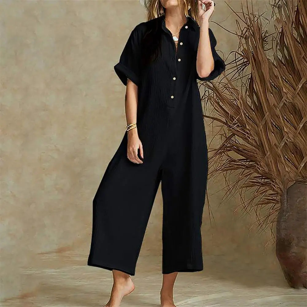 Jumpsuits- Baggy Button-Up Playsuit in Textured Cotton for Women - Loose-Fit Jumpsuit- - Pekosa Women Fashion