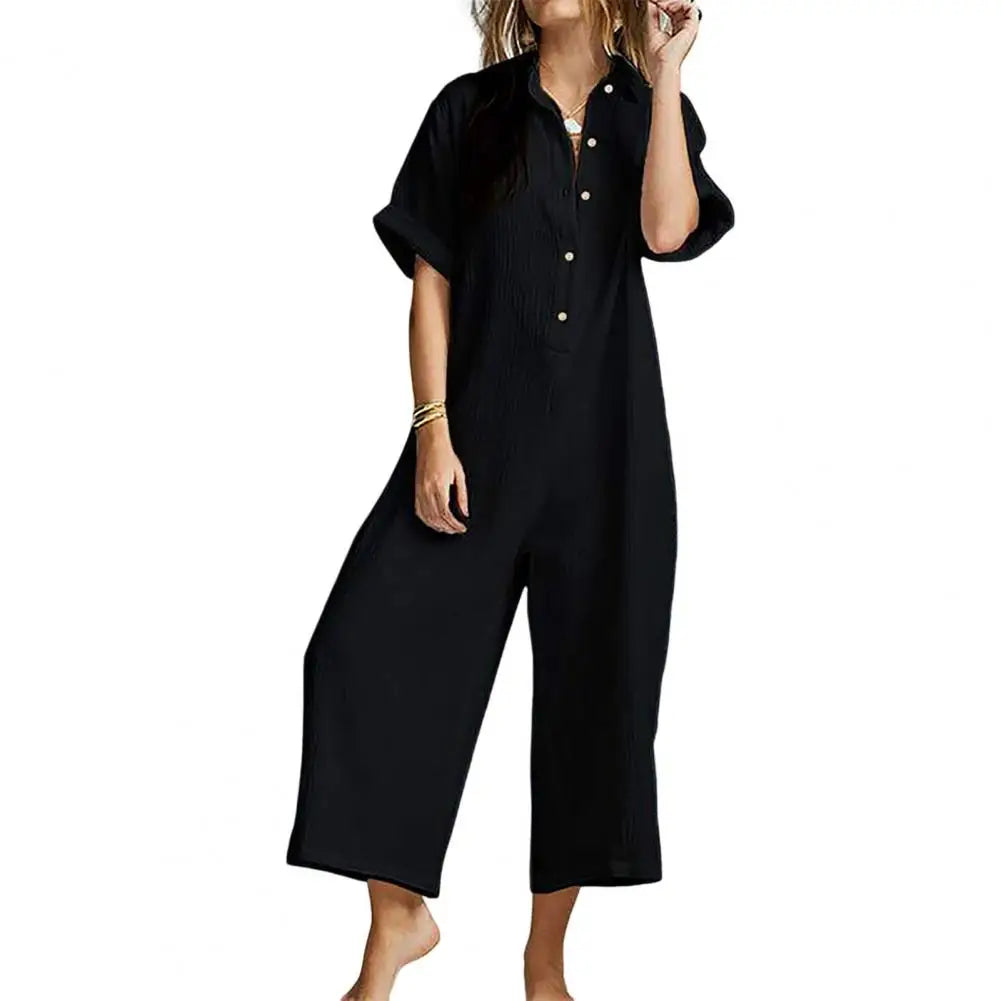 Jumpsuits- Baggy Button-Up Playsuit in Textured Cotton for Women - Loose-Fit Jumpsuit- Black- Pekosa Women Fashion