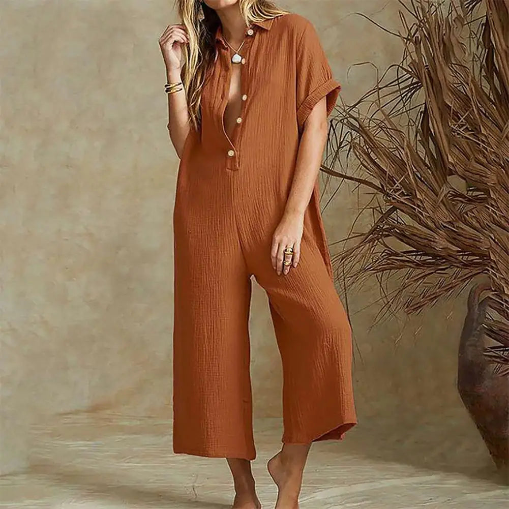 Jumpsuits- Baggy Button-Up Playsuit in Textured Cotton for Women - Loose-Fit Jumpsuit- - Pekosa Women Fashion