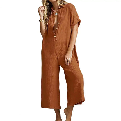 Jumpsuits- Baggy Button-Up Playsuit in Textured Cotton for Women - Loose-Fit Jumpsuit- Khaki- Pekosa Women Fashion