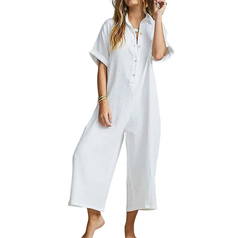 Jumpsuits- Baggy Button-Up Playsuit in Textured Cotton for Women - Loose-Fit Jumpsuit- White- Pekosa Women Fashion