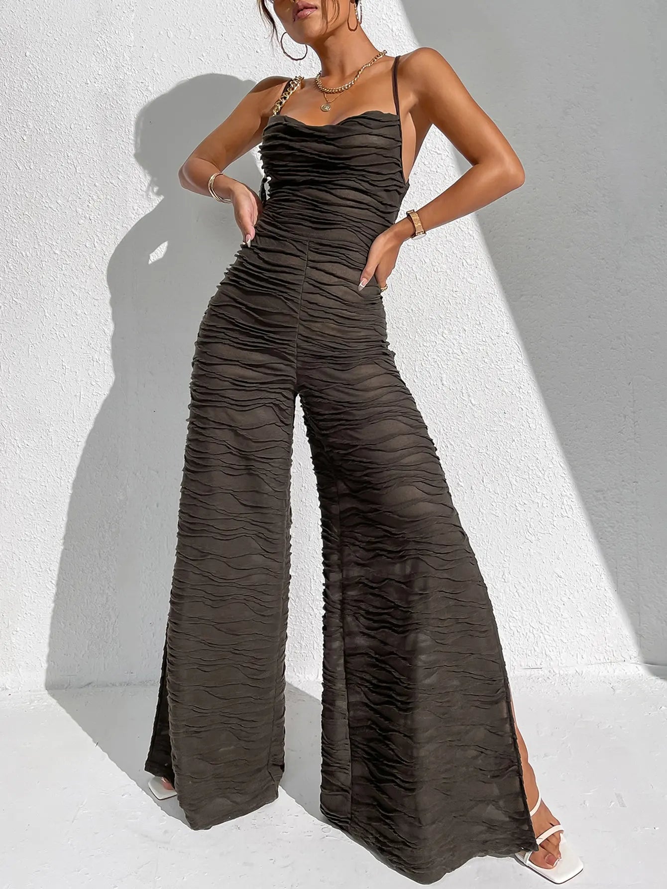 Jumpsuits- Elegant Coffee Ruched Jumpsuit - Women Slit Playsuits with a Twist- - Chuzko Women Clothing