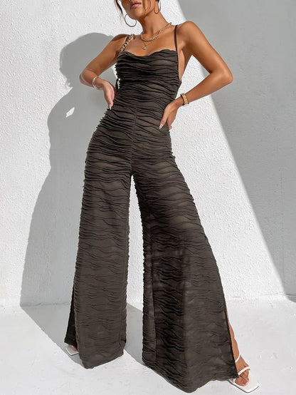 Jumpsuits- Elegant Coffee Ruched Jumpsuit - Women Slit Playsuits with a Twist- - Chuzko Women Clothing