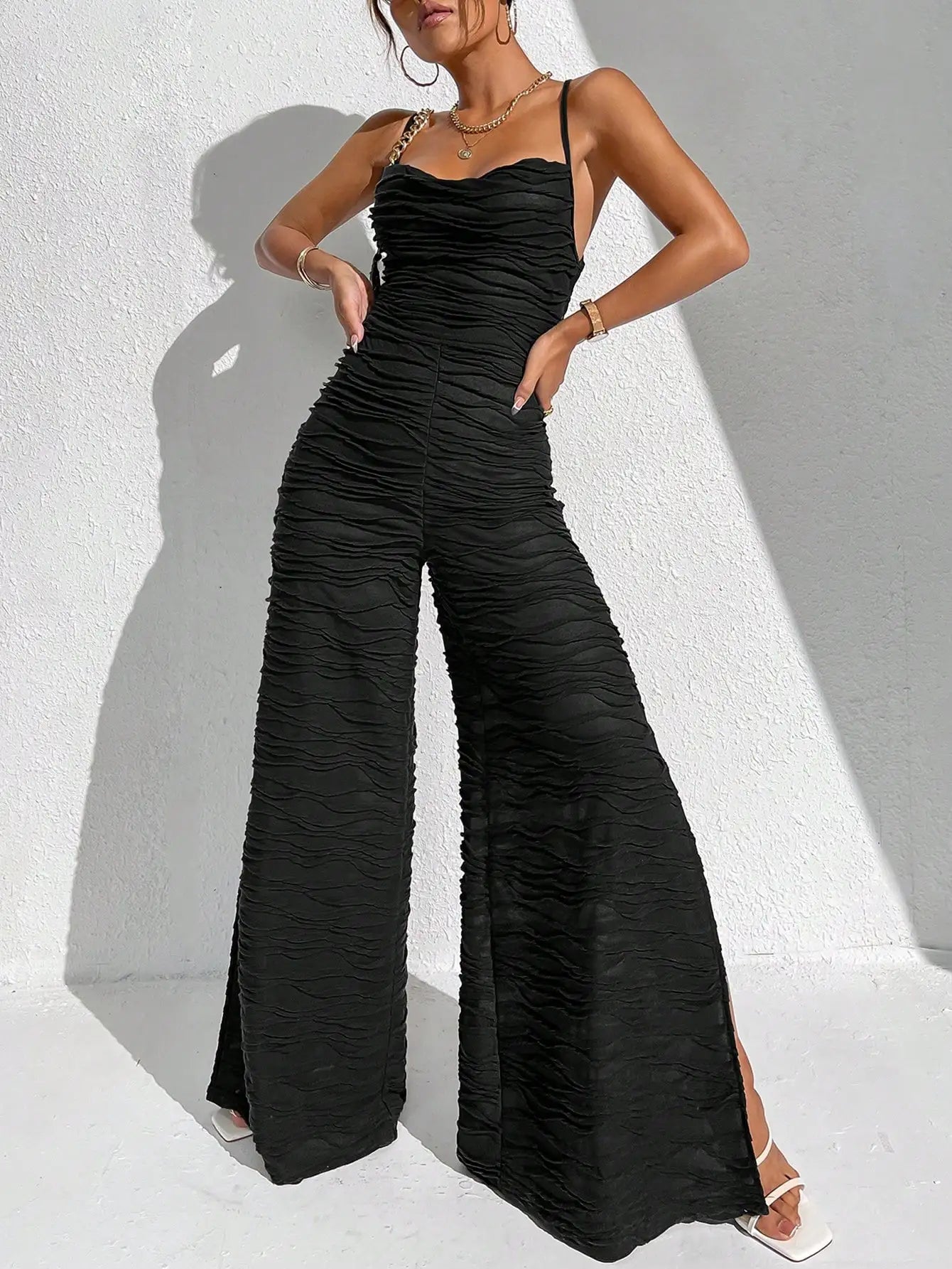 Jumpsuits- Elegant Coffee Ruched Jumpsuit - Women Slit Playsuits with a Twist- Black- Chuzko Women Clothing