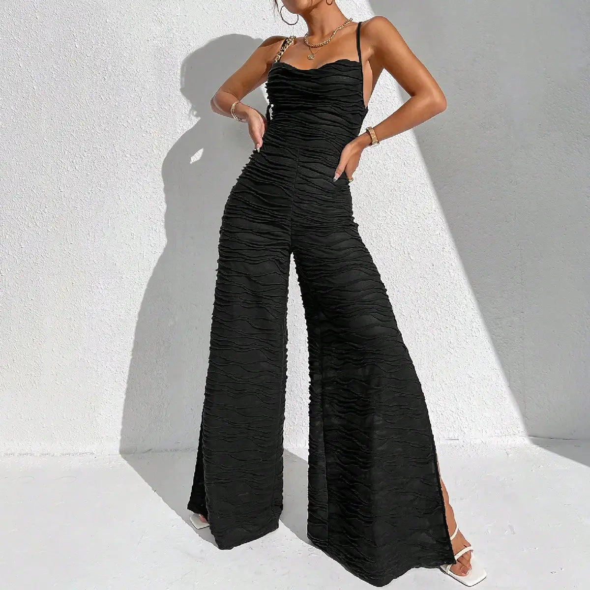 Jumpsuits- Elegant Coffee Ruched Jumpsuit - Women Slit Playsuits with a Twist- - Chuzko Women Clothing