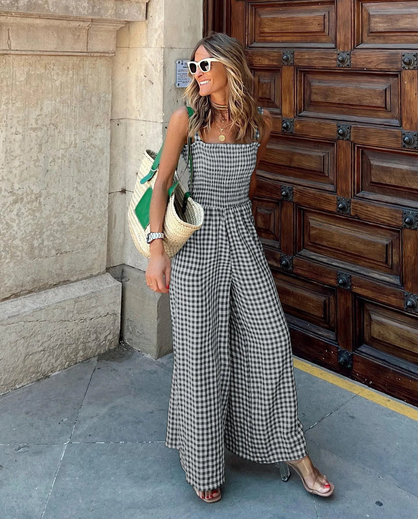 Jumpsuits- Jumpsuit in Plaid Gingham Perfect for Summer- Black- Pekosa Women Fashion