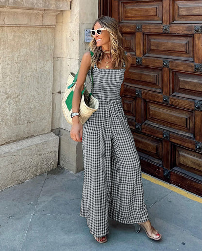 Jumpsuits- Jumpsuit in Plaid Gingham Perfect for Summer- Black- Pekosa Women Fashion