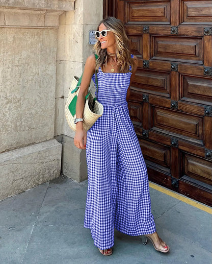 Jumpsuits- Jumpsuit in Plaid Gingham Perfect for Summer- Blue- Pekosa Women Fashion