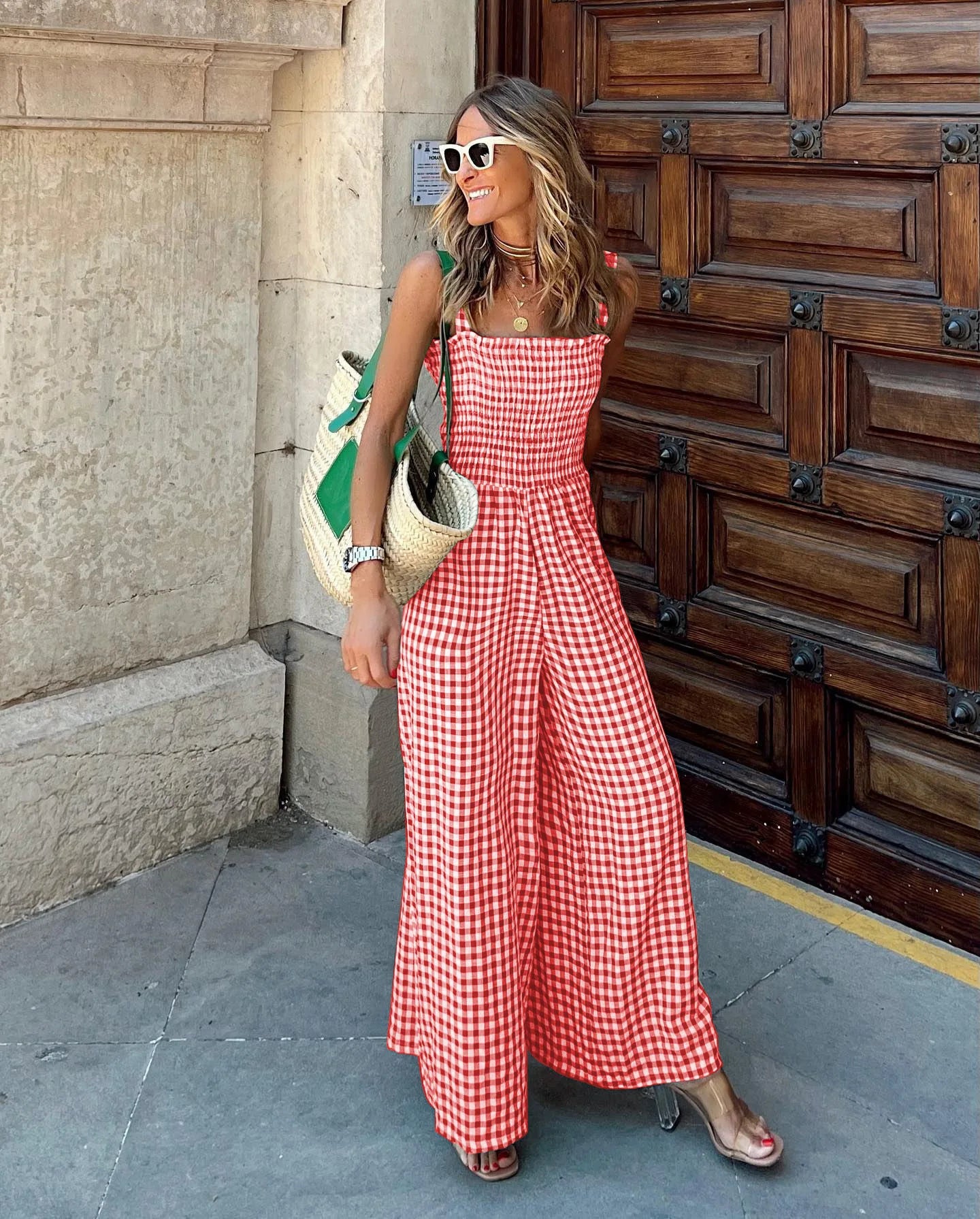 Jumpsuits- Jumpsuit in Plaid Gingham Perfect for Summer- Red- Pekosa Women Fashion