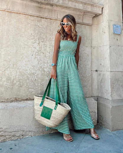 Jumpsuits- Jumpsuit in Plaid Gingham Perfect for Summer- Green- Pekosa Women Fashion