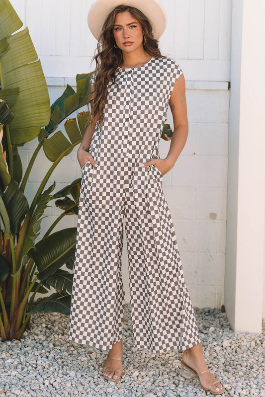 Jumpsuits & Rompers - Checkered Wide-Leg Jumpsuit