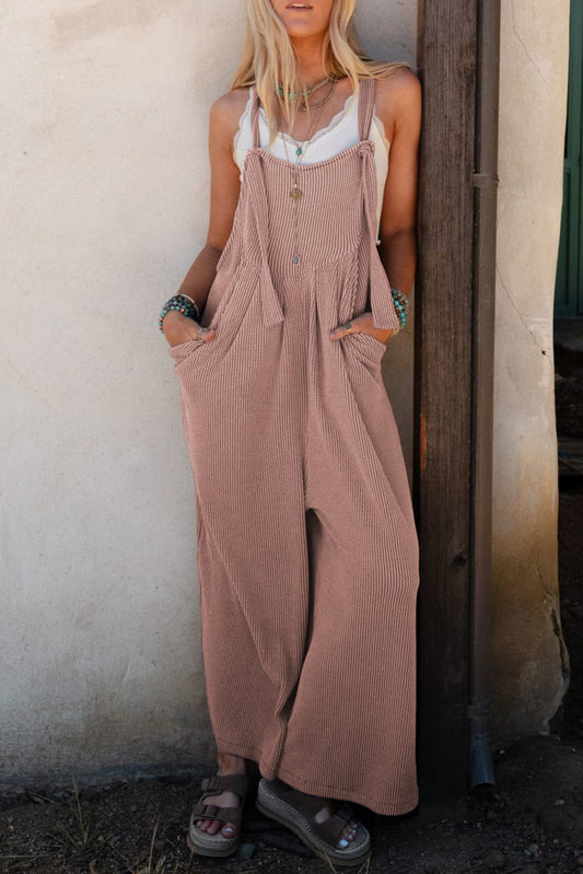 Jumpsuits & Rompers - Corded Wide-Leg Overalls with Adjustable Straps