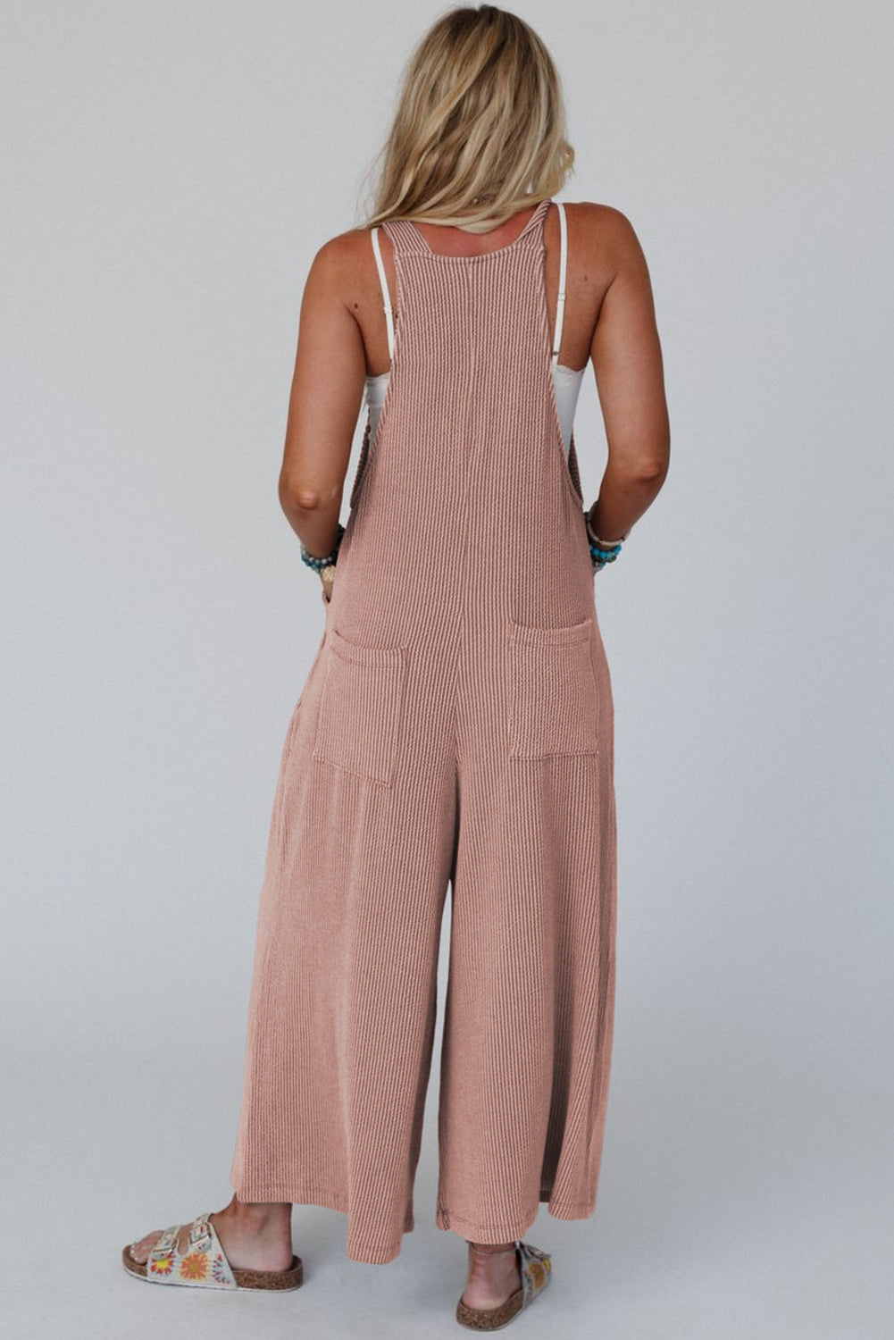 Jumpsuits & Rompers - Corded Wide-Leg Overalls with Adjustable Straps