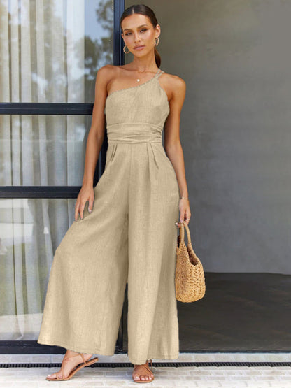 Jumpsuits- Solid Wide-Leg Jumpsuit - One Shoulder Palazzo Playsuit- Cracker khaki- Chuzko Women Clothing