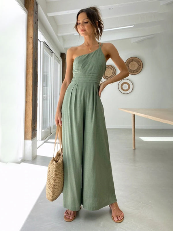 Jumpsuits- Solid Wide-Leg Jumpsuit - One Shoulder Palazzo Playsuit- - Chuzko Women Clothing