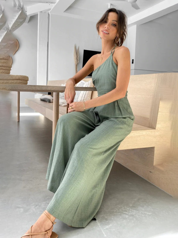 Jumpsuits- Solid Wide-Leg Jumpsuit - One Shoulder Palazzo Playsuit- - Chuzko Women Clothing