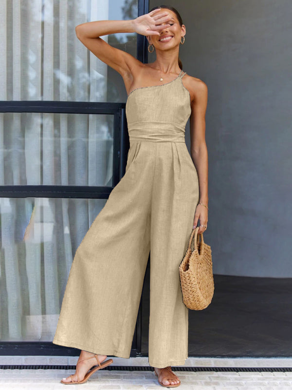 Jumpsuits- Solid Wide-Leg Jumpsuit - One Shoulder Palazzo Playsuit- - Chuzko Women Clothing