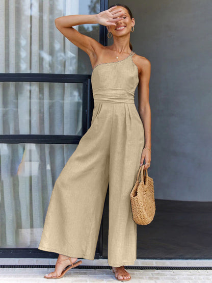 Jumpsuits- Solid Wide-Leg Jumpsuit - One Shoulder Palazzo Playsuit- - Chuzko Women Clothing