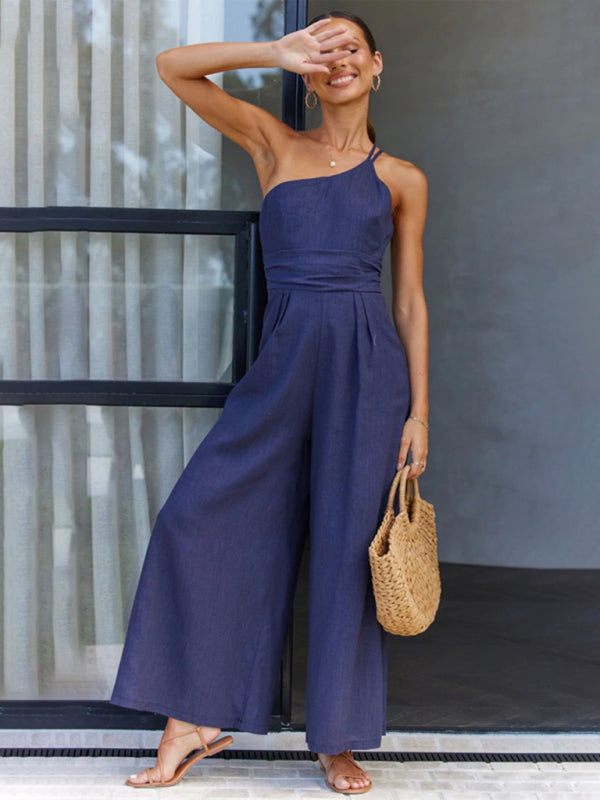 Jumpsuits- Solid Wide-Leg Jumpsuit - One Shoulder Palazzo Playsuit- - Chuzko Women Clothing