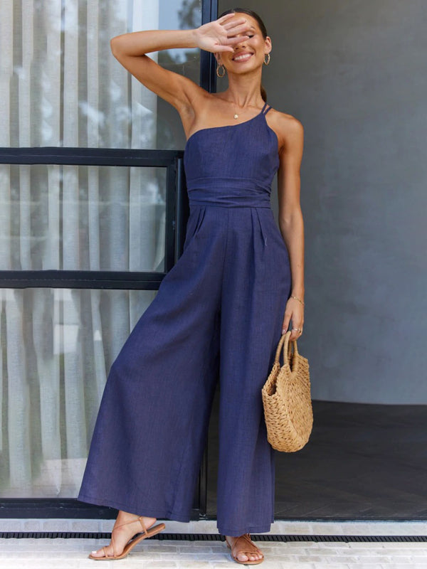 Jumpsuits- Solid Wide-Leg Jumpsuit - One Shoulder Palazzo Playsuit- Medium purple- Chuzko Women Clothing