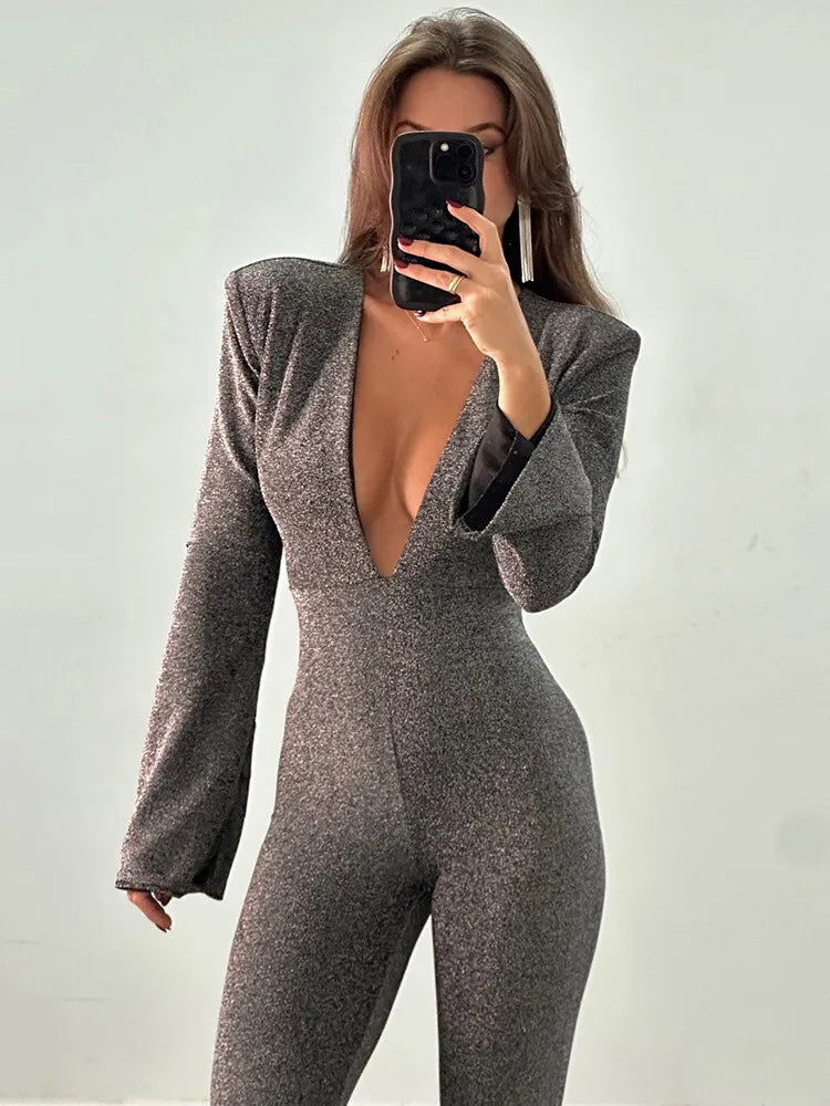 Jumpsuits - Sparkly Evening Jumpsuit Plunging Neckline Pantsuits