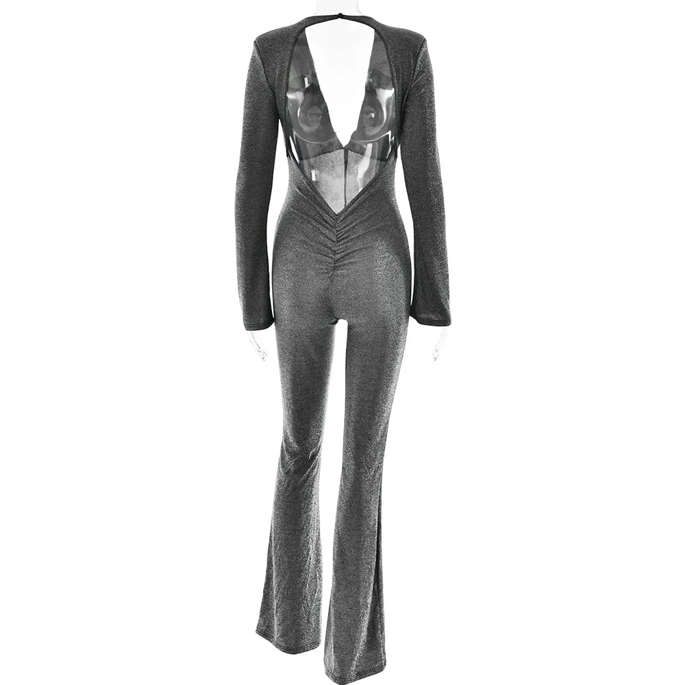 Jumpsuits - Sparkly Evening Jumpsuit Plunging Neckline Pantsuits