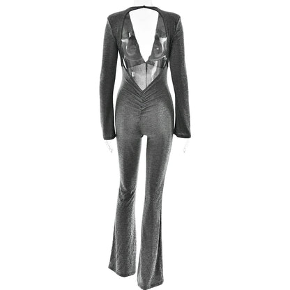 Jumpsuits - Sparkly Evening Jumpsuit Plunging Neckline Pantsuits