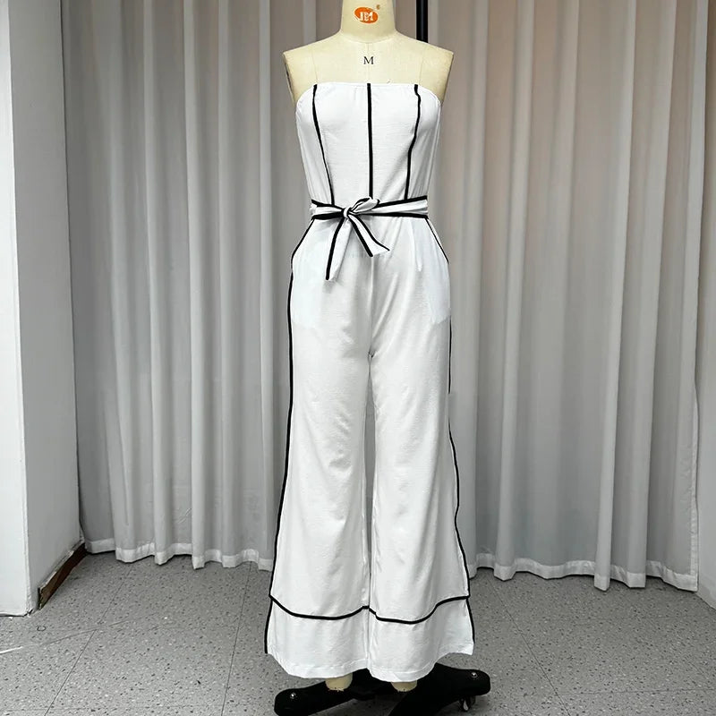 Jumpsuits - Strapless Belted Jumpsuit Wide-Leg Contrast Piping Pantsuit