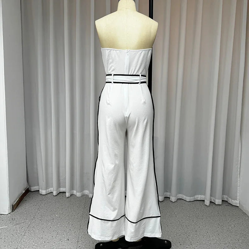 Jumpsuits - Strapless Belted Jumpsuit Wide-Leg Contrast Piping Pantsuit