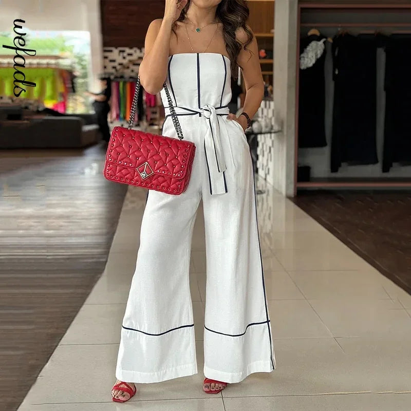 Jumpsuits - Strapless Belted Jumpsuit Wide-Leg Contrast Piping Pantsuit