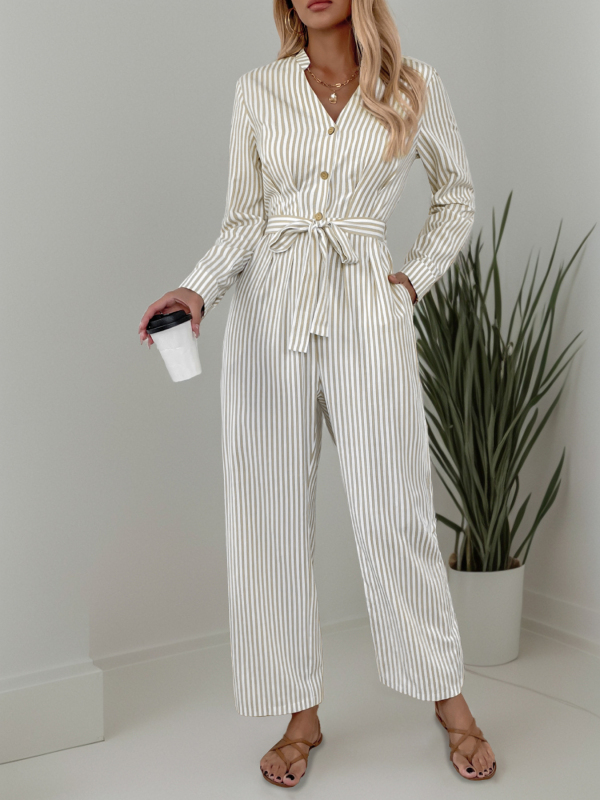 Jumpsuits - Vertical Stripe Belted Fall Jumpsuit