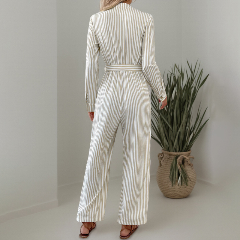 Jumpsuits - Vertical Stripe Belted Fall Jumpsuit