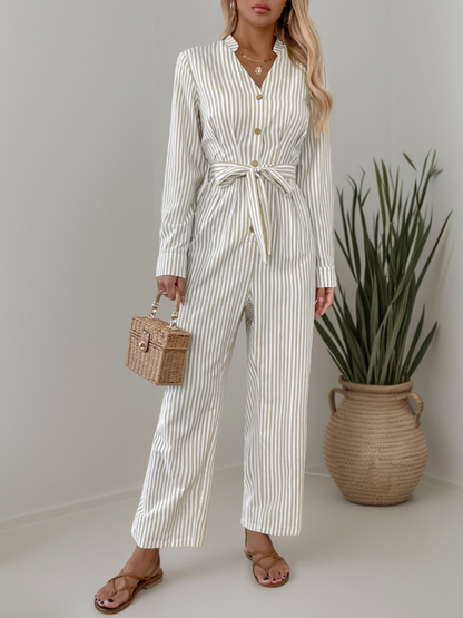 Jumpsuits - Vertical Stripe Belted Fall Jumpsuit