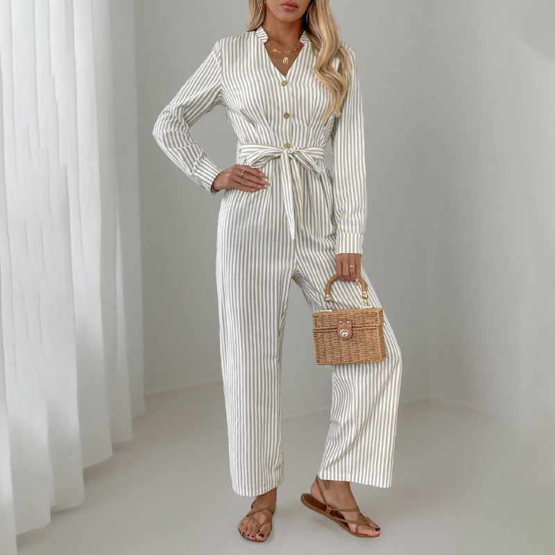 Jumpsuits - Vertical Stripe Belted Fall Jumpsuit