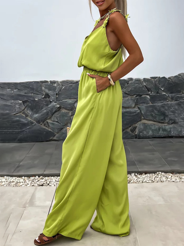 Jumpsuits - Wide-Leg Cami Blouson Jumpsuit with Floral Applique